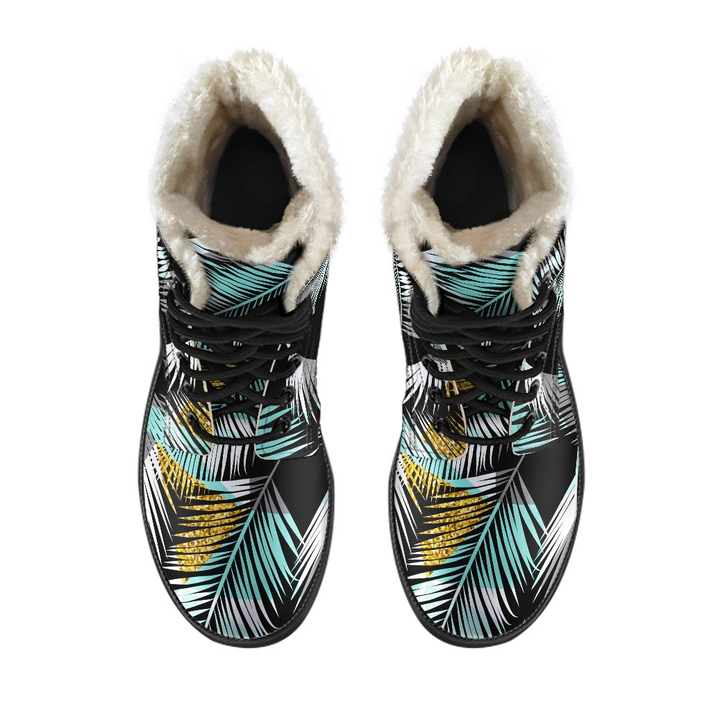 Gold Glitter Cyan Tropical Palm Leaves Faux Fur Leather Boots-JTAMIGO.COM