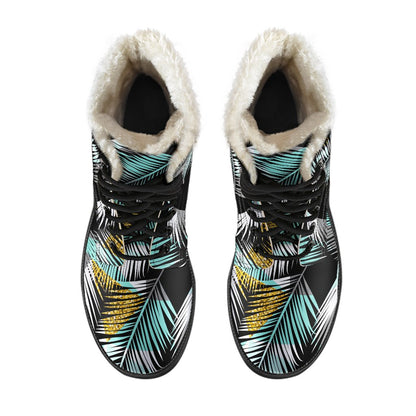 Gold Glitter Cyan Tropical Palm Leaves Faux Fur Leather Boots-JTAMIGO.COM