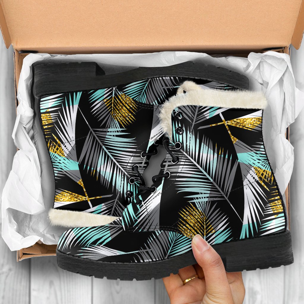 Gold Glitter Cyan Tropical Palm Leaves Faux Fur Leather Boots-JTAMIGO.COM