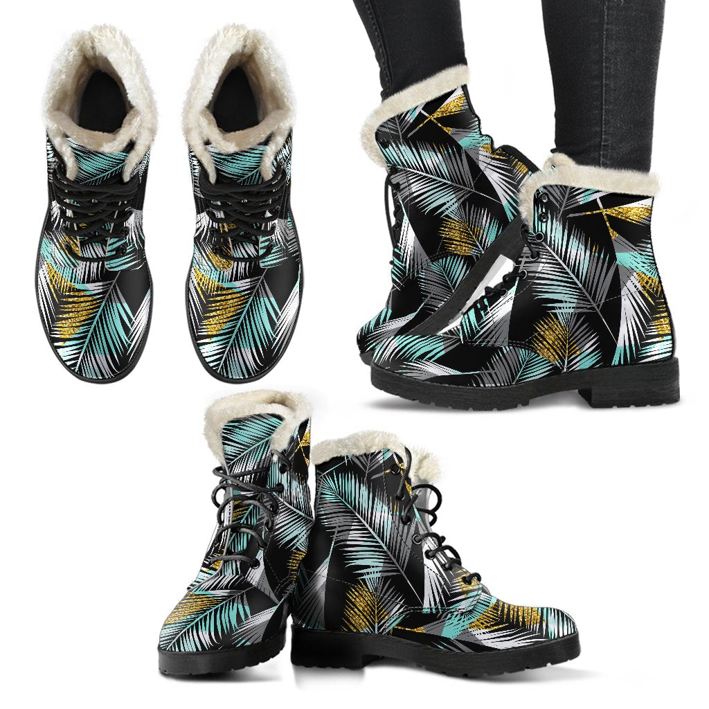 Gold Glitter Cyan Tropical Palm Leaves Faux Fur Leather Boots-JTAMIGO.COM