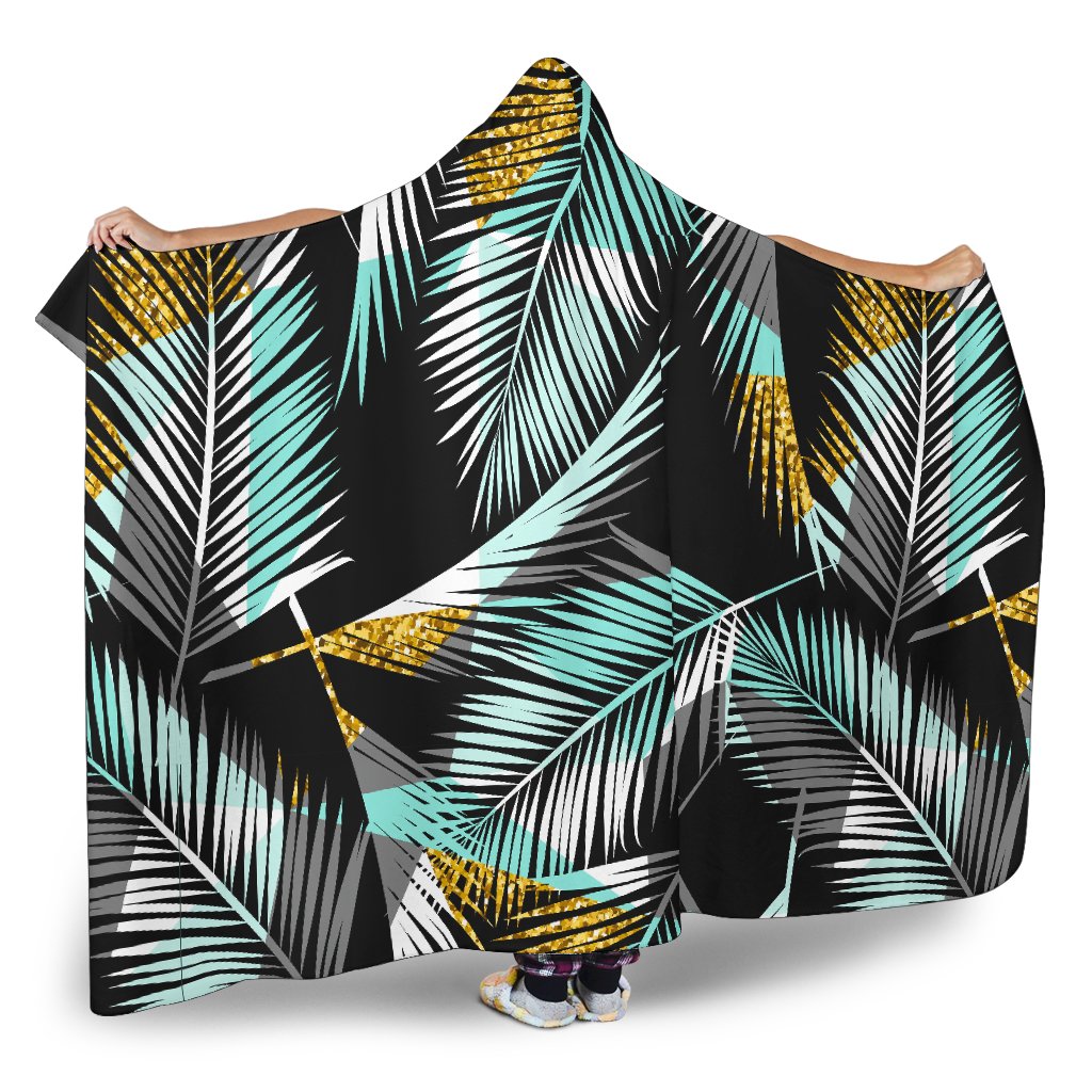 Gold Glitter Cyan Tropical Palm Leaves Hooded Blanket-JTAMIGO.COM