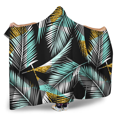 Gold Glitter Cyan Tropical Palm Leaves Hooded Blanket-JTAMIGO.COM