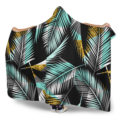 Gold Glitter Cyan Tropical Palm Leaves Hooded Blanket-JTAMIGO.COM