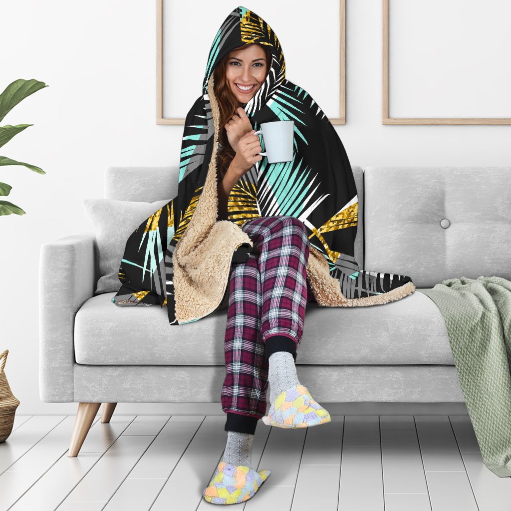 Gold Glitter Cyan Tropical Palm Leaves Hooded Blanket-JTAMIGO.COM