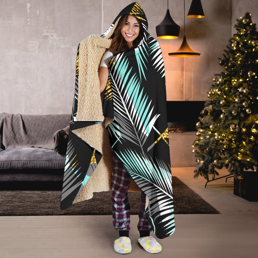 Gold Glitter Cyan Tropical Palm Leaves Hooded Blanket-JTAMIGO.COM