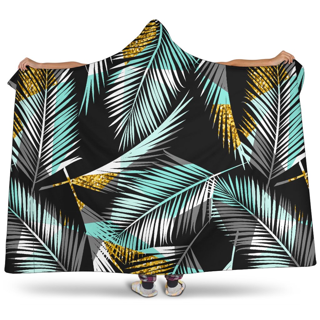 Gold Glitter Cyan Tropical Palm Leaves Hooded Blanket-JTAMIGO.COM