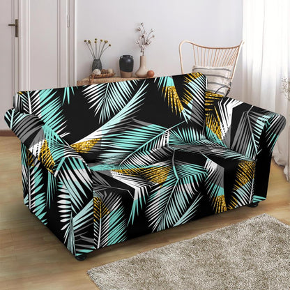 Gold Glitter Cyan Tropical Palm Leaves Loveseat Slipcover-JTAMIGO.COM