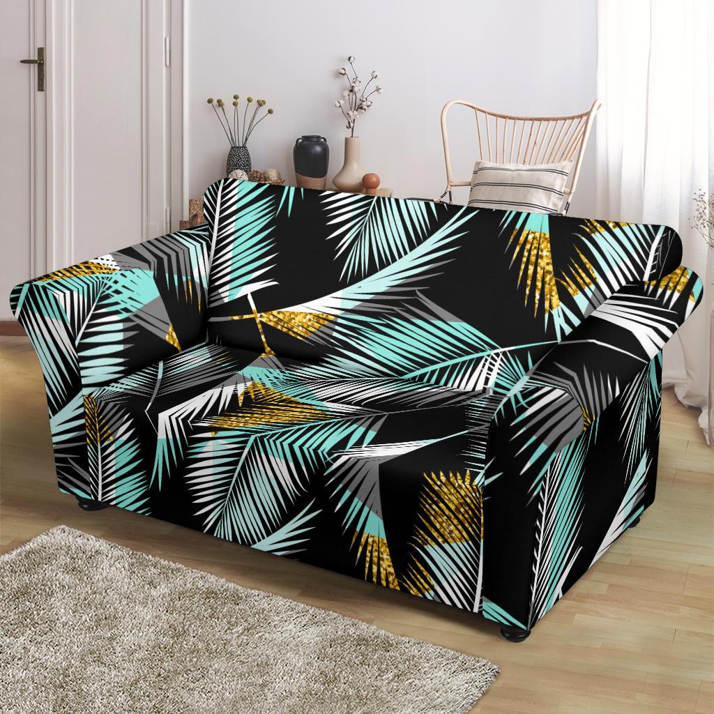 Gold Glitter Cyan Tropical Palm Leaves Loveseat Slipcover-JTAMIGO.COM