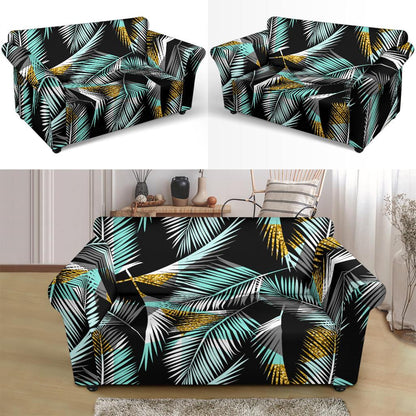 Gold Glitter Cyan Tropical Palm Leaves Loveseat Slipcover-JTAMIGO.COM