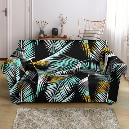 Gold Glitter Cyan Tropical Palm Leaves Loveseat Slipcover-JTAMIGO.COM