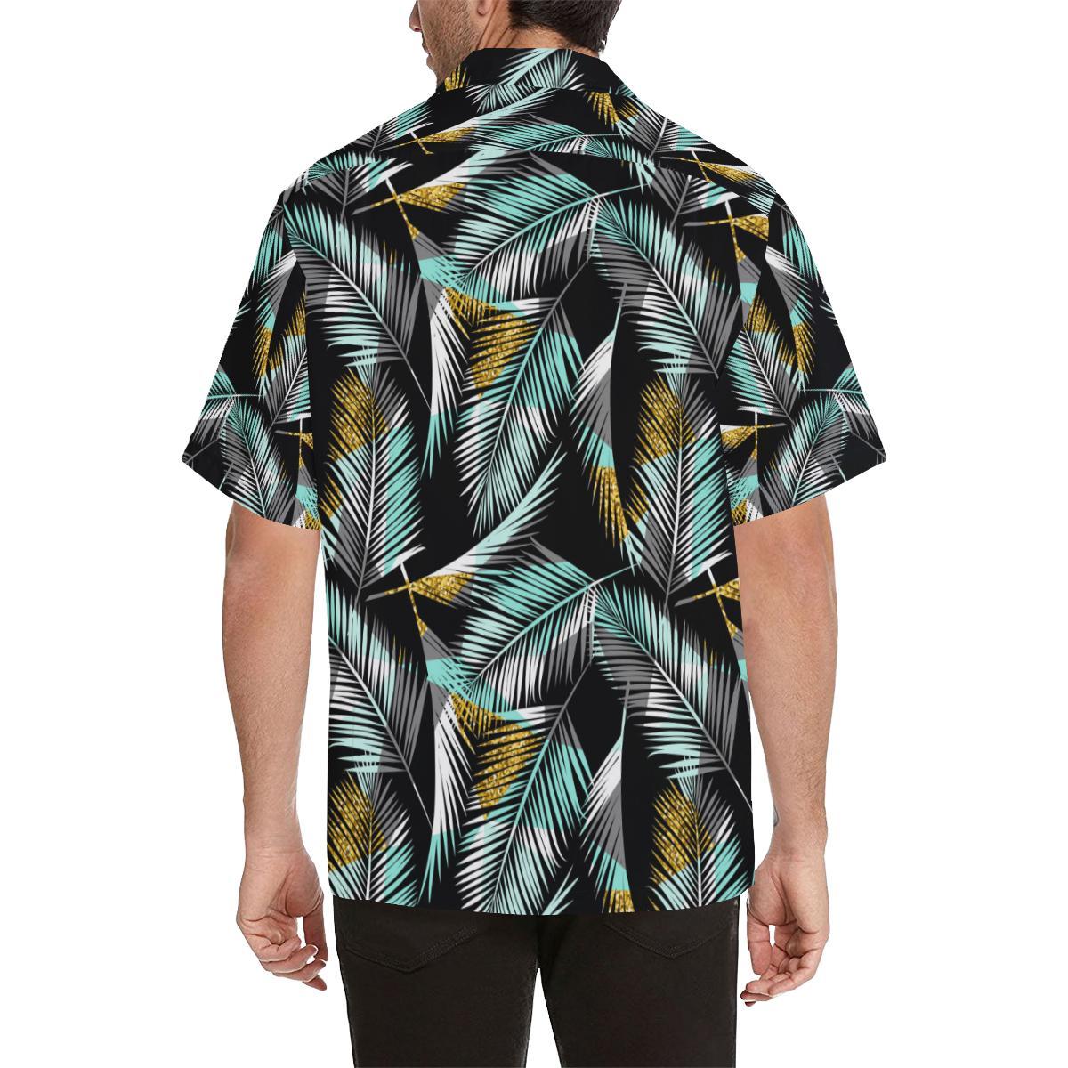 Gold Glitter Cyan Tropical Palm Leaves Men Aloha Hawaiian Shirt