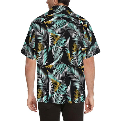 Gold Glitter Cyan Tropical Palm Leaves Men Aloha Hawaiian Shirt