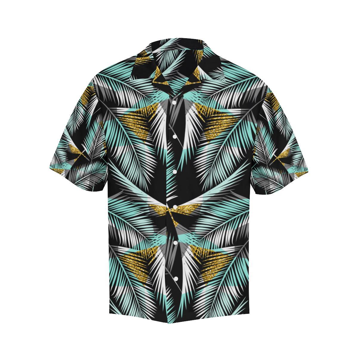 Gold Glitter Cyan Tropical Palm Leaves Men Aloha Hawaiian Shirt