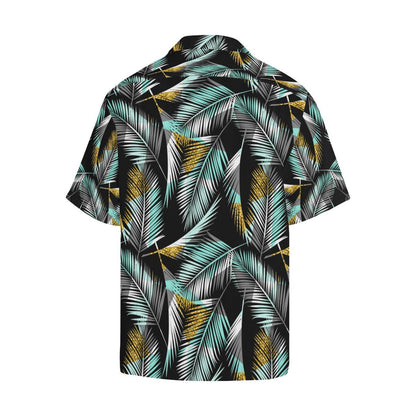 Gold Glitter Cyan Tropical Palm Leaves Men Aloha Hawaiian Shirt