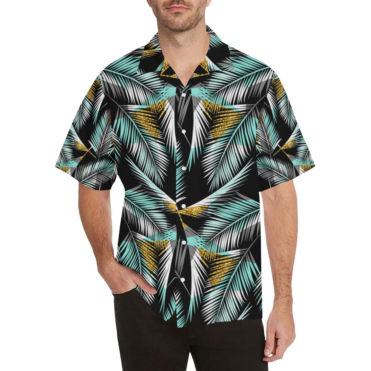 Gold Glitter Cyan Tropical Palm Leaves Men Aloha Hawaiian Shirt