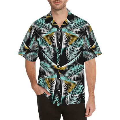 Gold Glitter Cyan Tropical Palm Leaves Men Aloha Hawaiian Shirt