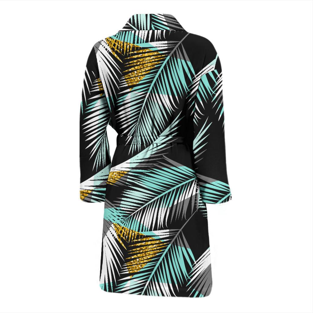 Gold Glitter Cyan Tropical Palm Leaves Men Bath Robe-JTAMIGO.COM