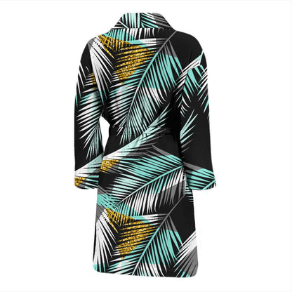 Gold Glitter Cyan Tropical Palm Leaves Men Bath Robe-JTAMIGO.COM