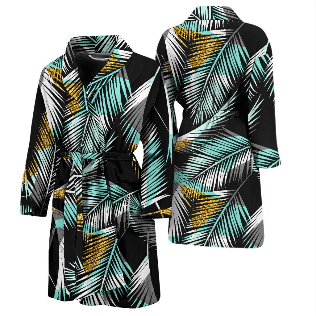 Gold Glitter Cyan Tropical Palm Leaves Men Bath Robe-JTAMIGO.COM