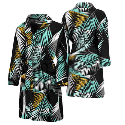 Gold Glitter Cyan Tropical Palm Leaves Men Bath Robe-JTAMIGO.COM