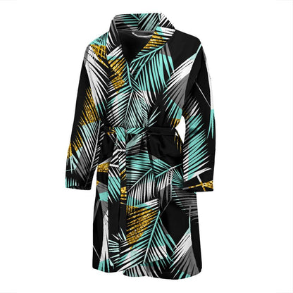 Gold Glitter Cyan Tropical Palm Leaves Men Bath Robe-JTAMIGO.COM