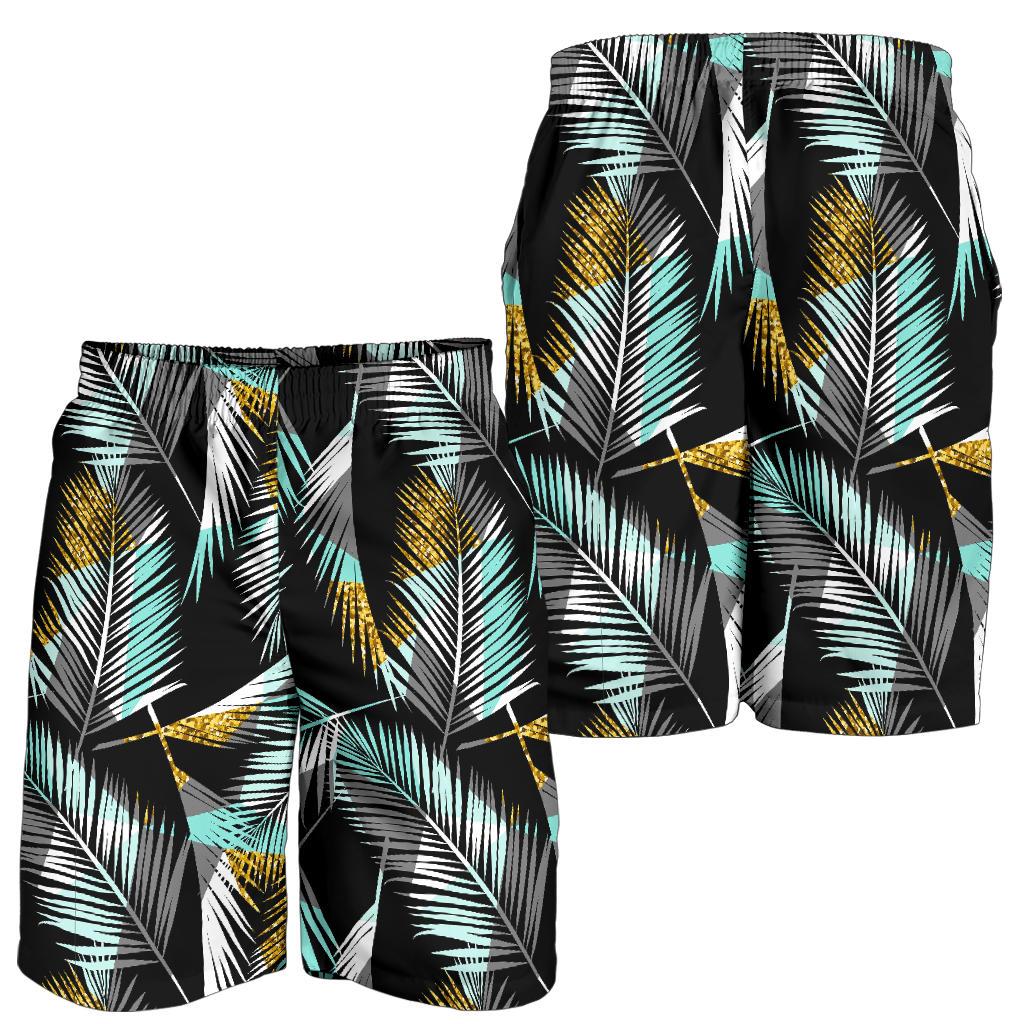 Gold Glitter Cyan Tropical Palm Leaves Mens Shorts-JTAMIGO.COM