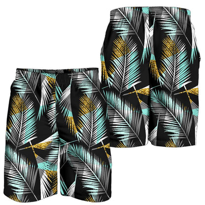 Gold Glitter Cyan Tropical Palm Leaves Mens Shorts-JTAMIGO.COM