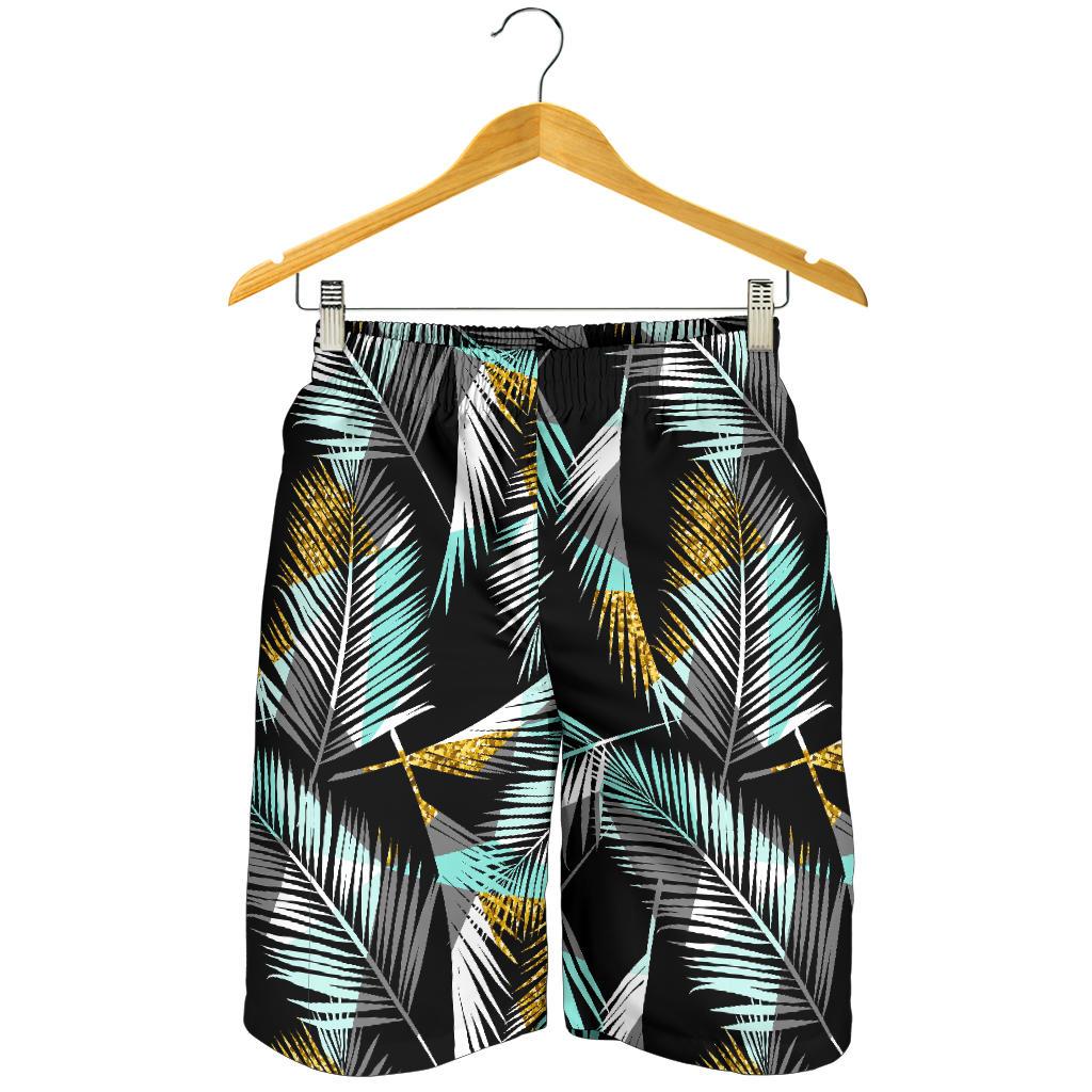 Gold Glitter Cyan Tropical Palm Leaves Mens Shorts-JTAMIGO.COM