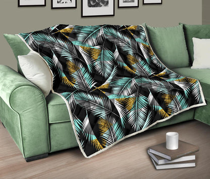 Gold Glitter Cyan Tropical Palm Leaves Premium Quilt-JTAMIGO.COM