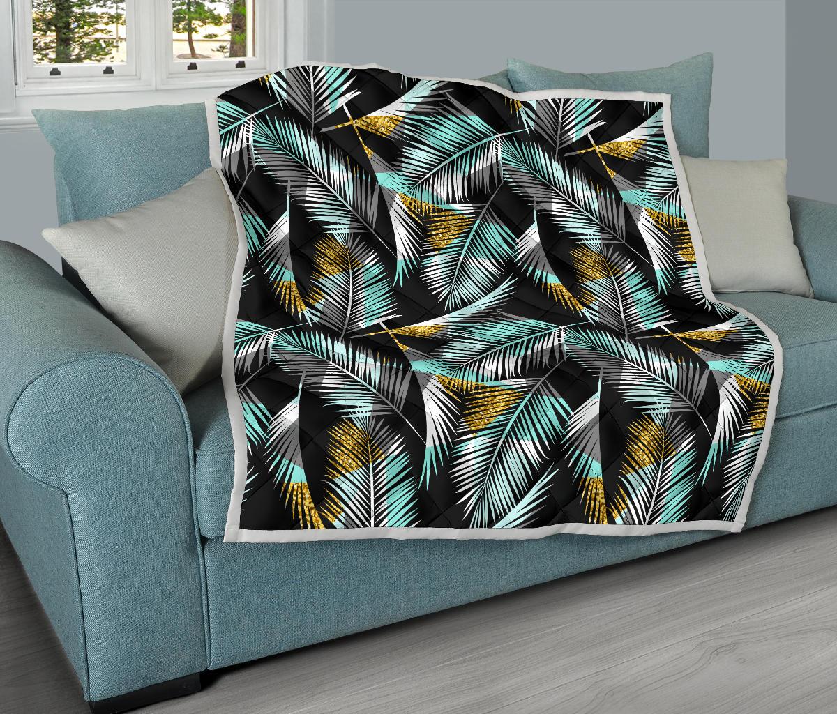 Gold Glitter Cyan Tropical Palm Leaves Premium Quilt-JTAMIGO.COM