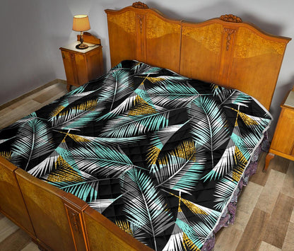 Gold Glitter Cyan Tropical Palm Leaves Premium Quilt-JTAMIGO.COM