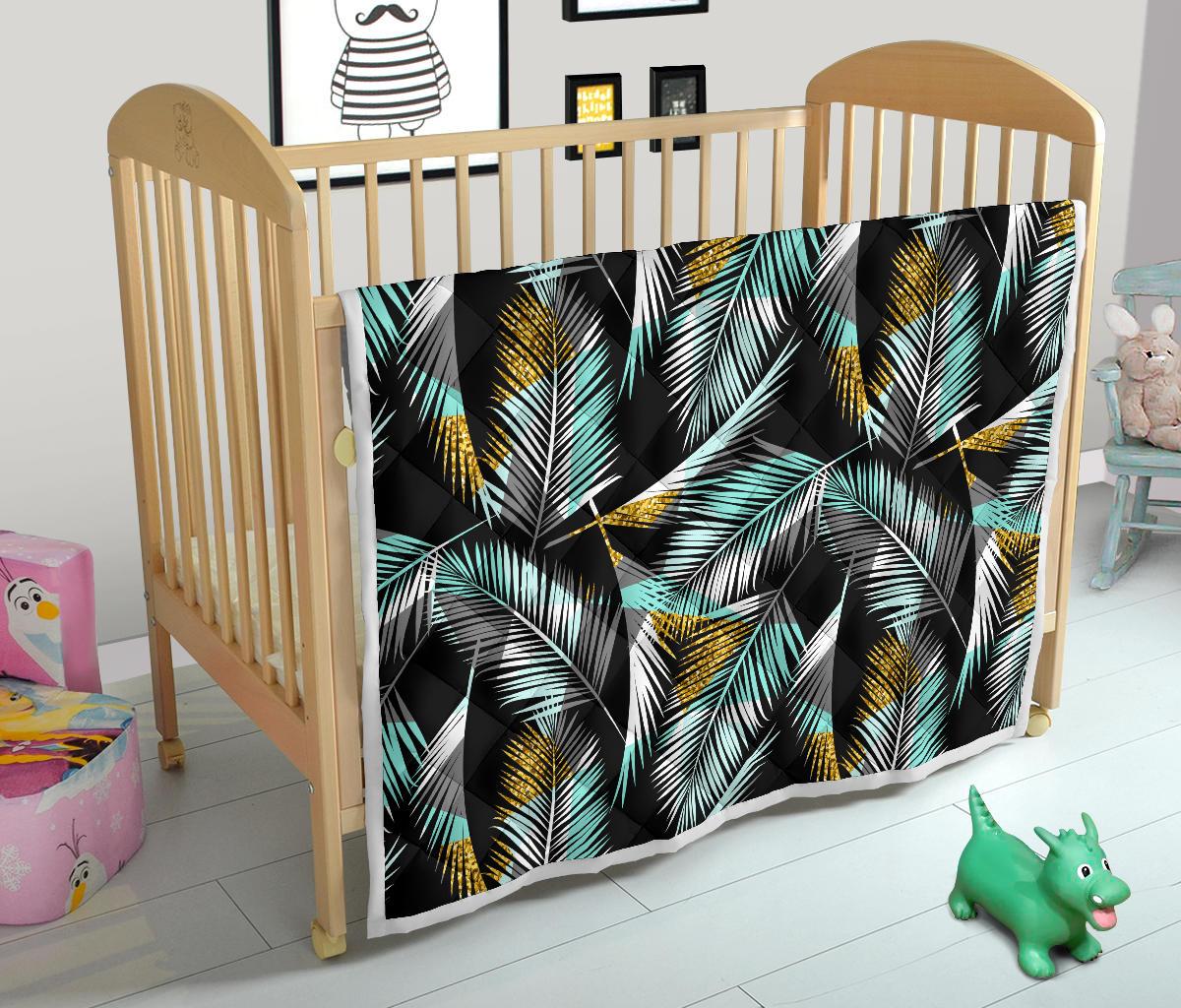 Gold Glitter Cyan Tropical Palm Leaves Premium Quilt-JTAMIGO.COM
