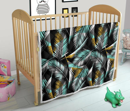 Gold Glitter Cyan Tropical Palm Leaves Premium Quilt-JTAMIGO.COM