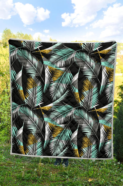 Gold Glitter Cyan Tropical Palm Leaves Premium Quilt-JTAMIGO.COM