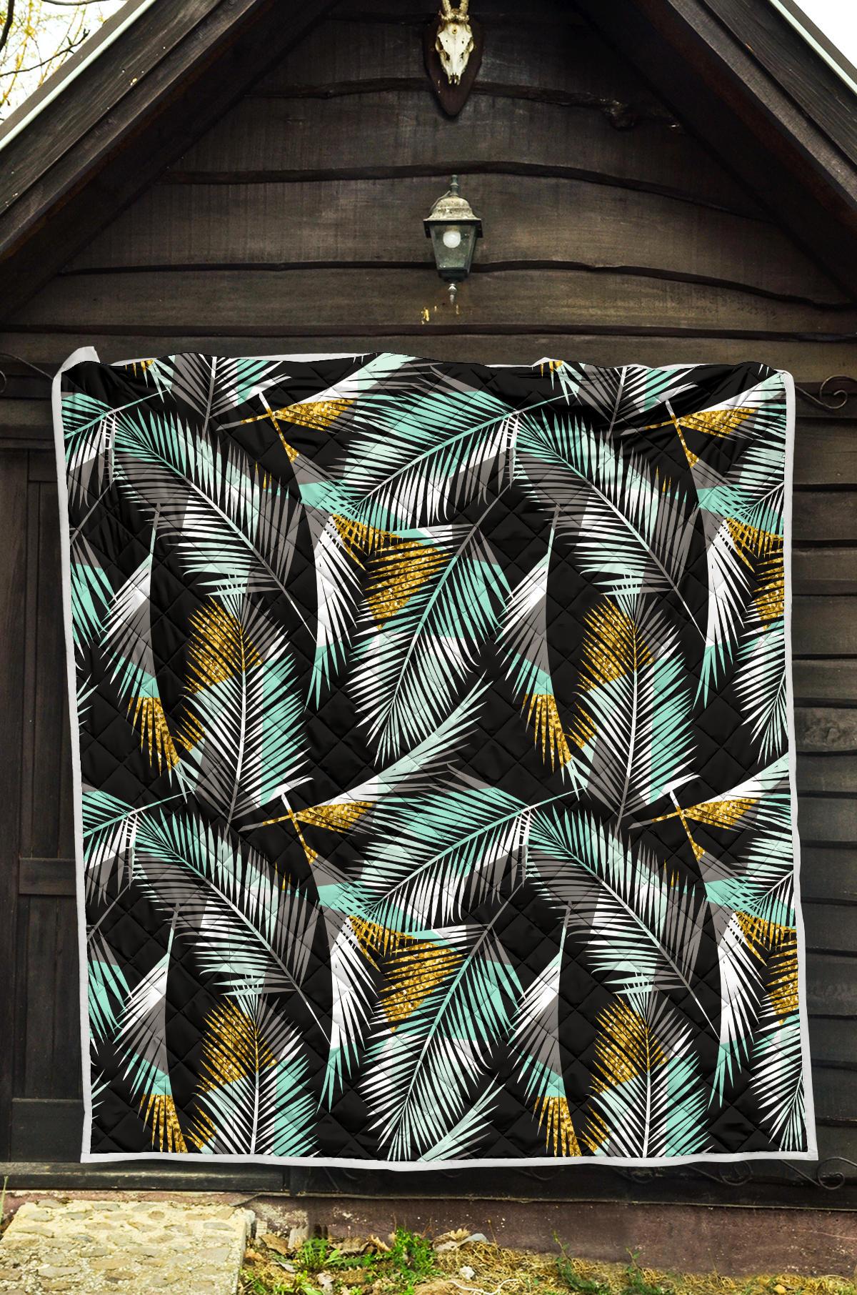 Gold Glitter Cyan Tropical Palm Leaves Premium Quilt-JTAMIGO.COM