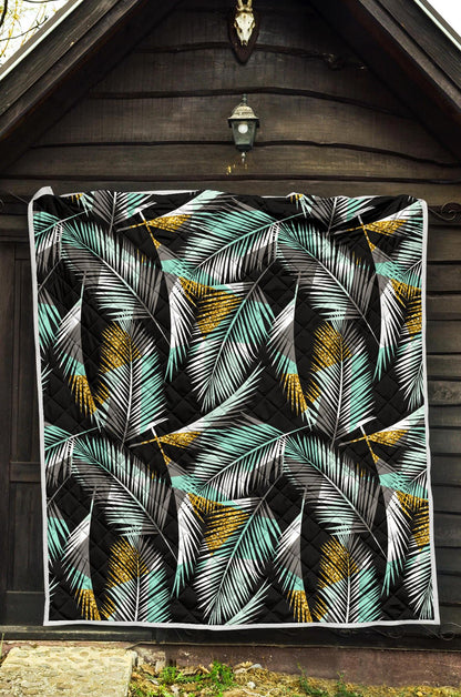 Gold Glitter Cyan Tropical Palm Leaves Premium Quilt-JTAMIGO.COM