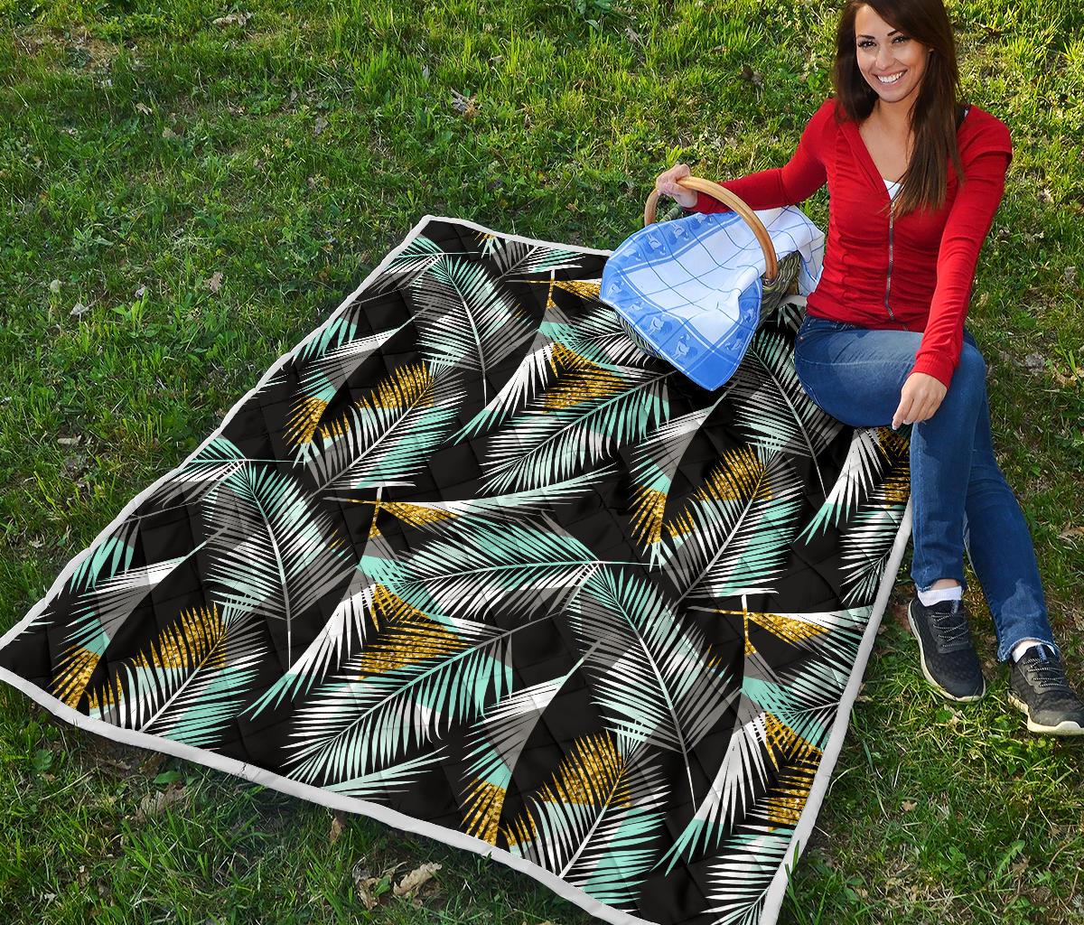 Gold Glitter Cyan Tropical Palm Leaves Premium Quilt-JTAMIGO.COM