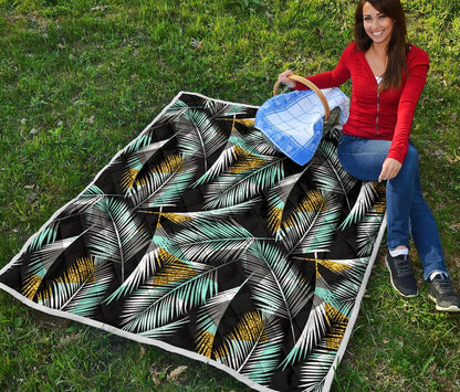 Gold Glitter Cyan Tropical Palm Leaves Premium Quilt-JTAMIGO.COM