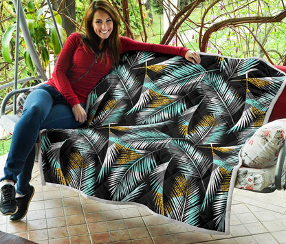 Gold Glitter Cyan Tropical Palm Leaves Premium Quilt-JTAMIGO.COM