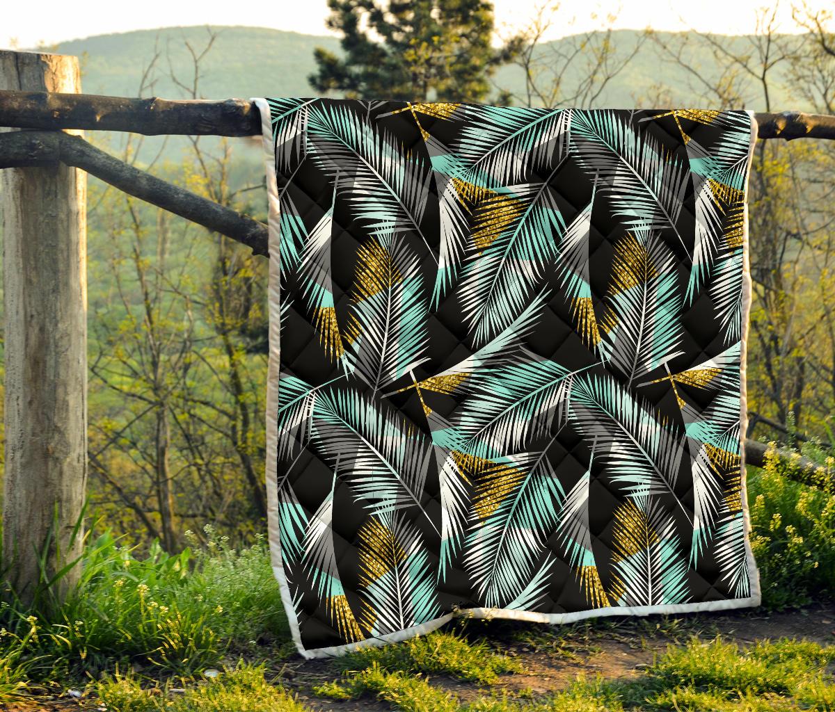 Gold Glitter Cyan Tropical Palm Leaves Premium Quilt-JTAMIGO.COM