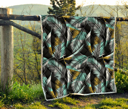 Gold Glitter Cyan Tropical Palm Leaves Premium Quilt-JTAMIGO.COM