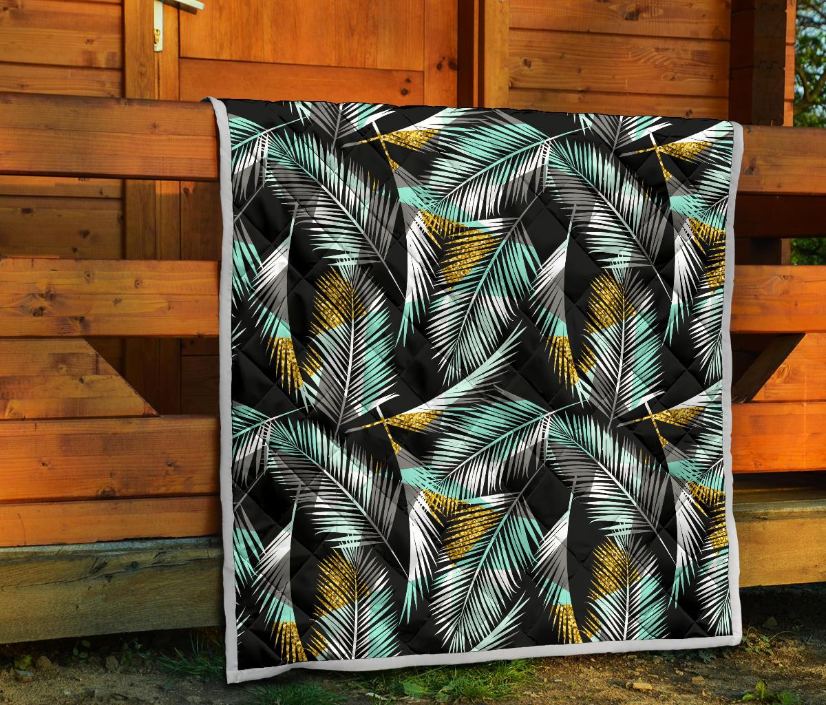 Gold Glitter Cyan Tropical Palm Leaves Premium Quilt-JTAMIGO.COM