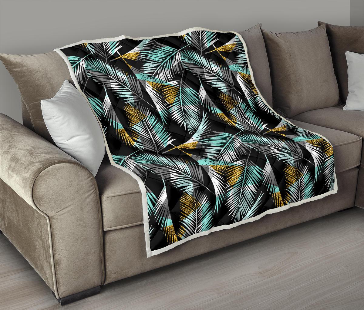 Gold Glitter Cyan Tropical Palm Leaves Premium Quilt-JTAMIGO.COM