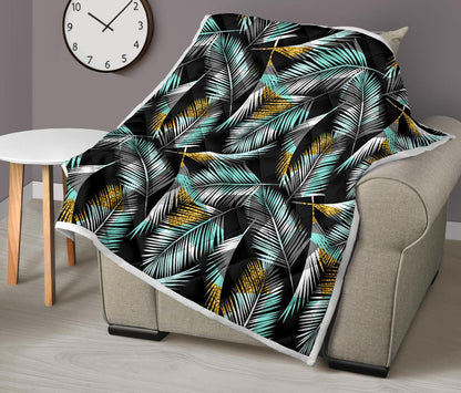 Gold Glitter Cyan Tropical Palm Leaves Premium Quilt-JTAMIGO.COM