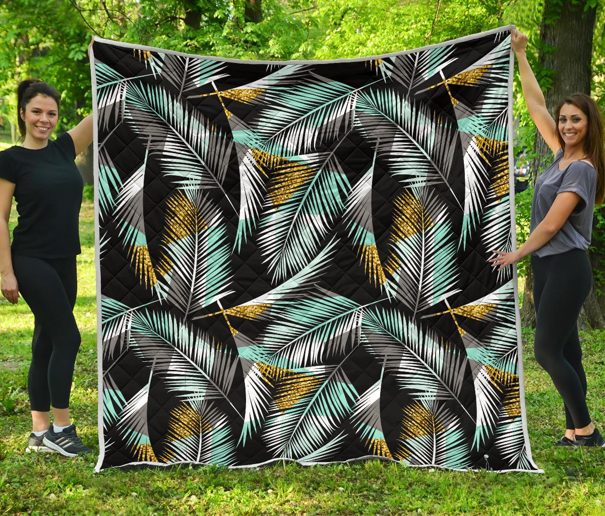 Gold Glitter Cyan Tropical Palm Leaves Premium Quilt-JTAMIGO.COM