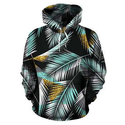 Gold Glitter Cyan Tropical Palm Leaves Pullover Hoodie