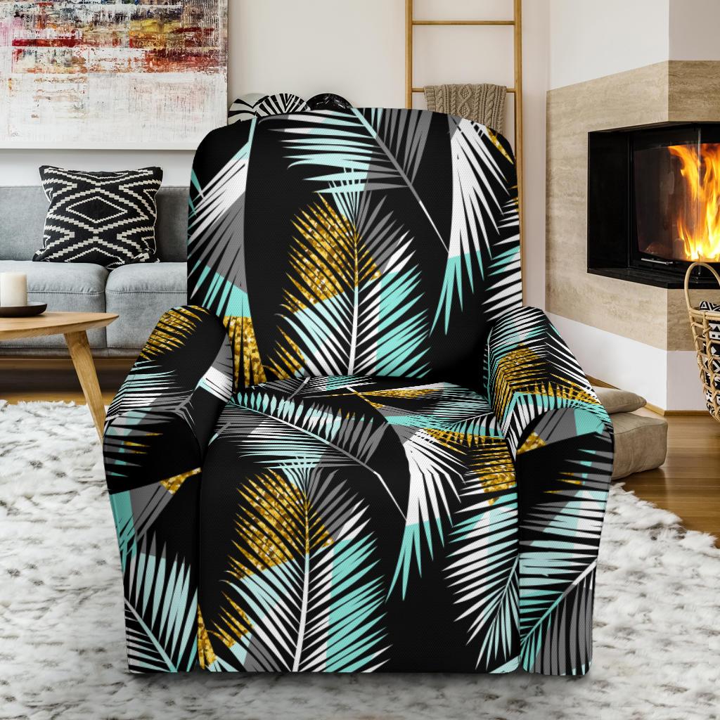 Gold Glitter Cyan Tropical Palm Leaves Single Sofa Slipcover -JTAMIGO.COM
