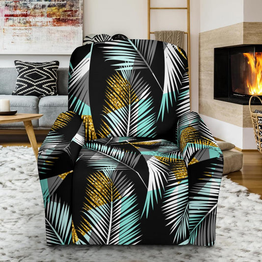 Gold Glitter Cyan Tropical Palm Leaves Single Sofa Slipcover -JTAMIGO.COM