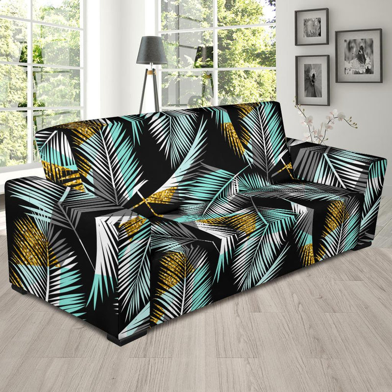 Gold Glitter Cyan Tropical Palm Leaves Sofa Slipcover-JTAMIGO.COM