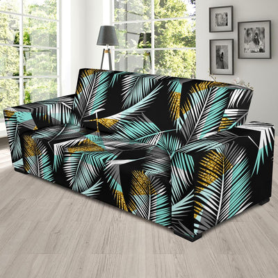 Gold Glitter Cyan Tropical Palm Leaves Sofa Slipcover-JTAMIGO.COM